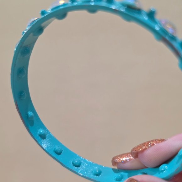 Vintage Retro Turquoise Metal Bangle Bracelet Aurora Borealis Glass Rhinestones - Picture 7 of 13